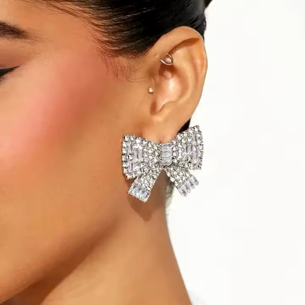 Bling Rhinestone Bow Girly Fashion Earrings